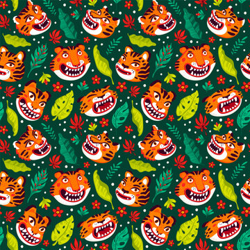 Asian seamless pattern with smiling tiger faces on green background. Cartoon tiger illustration with tropical leaves for fabric and wrapping paper. Drag to swatches panel to use