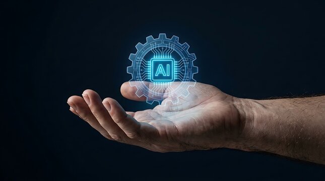 Hand holding glowing AI gear icon. Digital artificial intelligence concept on dark background.