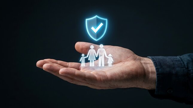 Hand holding digital family icon. Protection concept for mental health and insurance.