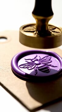 Sealing wax stamp with bee imprint presses into wax