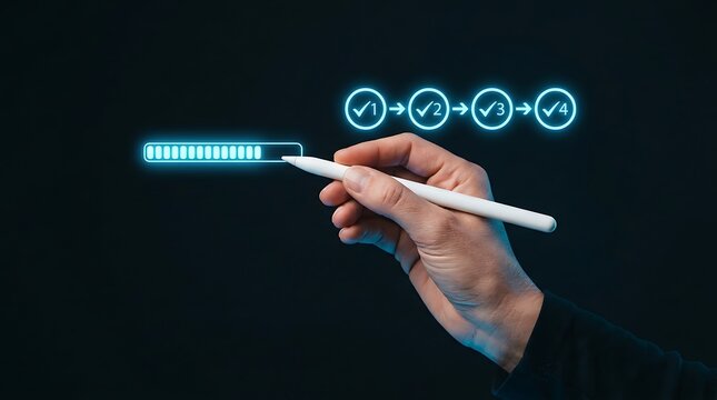 Hand using stylus on digital progress bar. Task completion concept with glowing interface.
