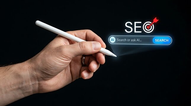 Hand holding stylus pointing at SEO search bar. Digital marketing concept on black background.