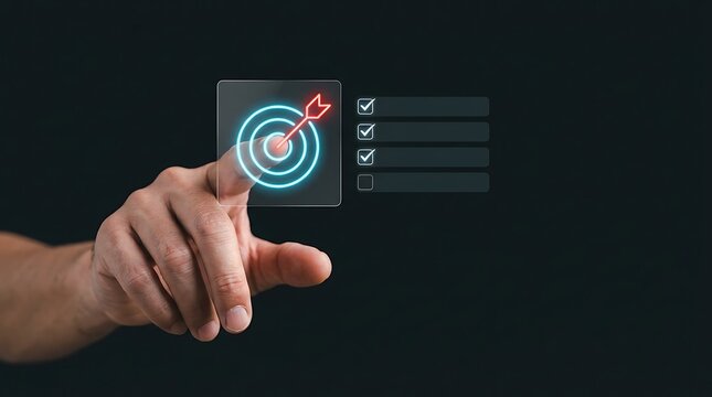 Hand touching digital target icon. Business goal setting with virtual interface technology.