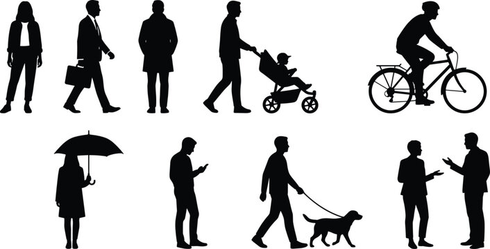People silhouette vector collection featuring pedestrians walking businessman cyclist parent with stroller person holding umbrella and dog walker icon set