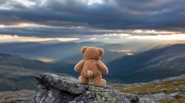 Lonely teddy bear sitting on mountain peak, brown plush toy looking at vast valley landscape, conceptual image of solitude and adventure