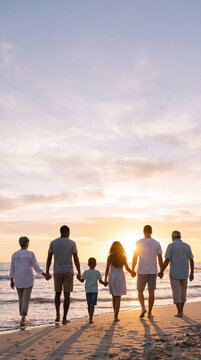 Three generation family walking together on beach at sunset
