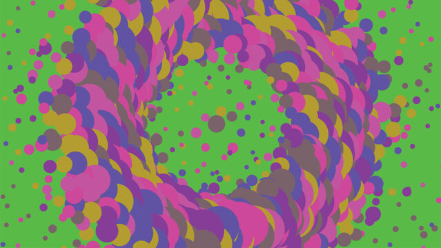 Abstract circular vortex background composed of multi colored overlapping circles on solid green surface for vibrant artistic creative work.
