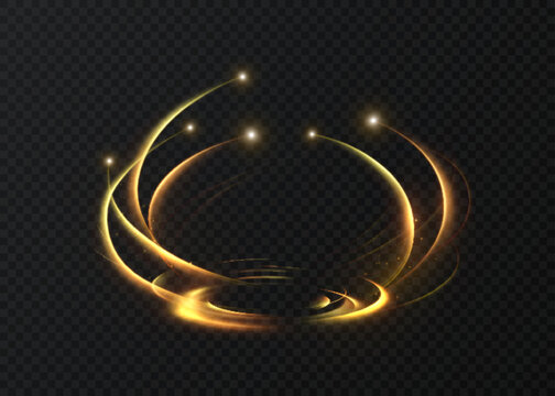 A stage podium bathed in golden light, with neon swirls and sparkles. A luxurious vector effect of a magic circle podium on a dark background.