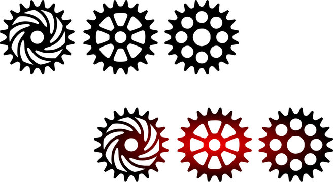 Bicycle chainring and cog sprocket icon set featuring mechanical bike gears in solid black and dark red gradient vector illustration.