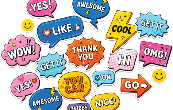 Comic speech bubbles vector sticker set with expressive words and phrases for social media design