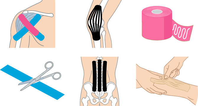 Kinesiology Tape Application Vector Set with Shoulder, Knee, Back Taping Methods, Roll, and Scissors for Sports Medicine, Physical Therapy, and Injury Rehabilitation