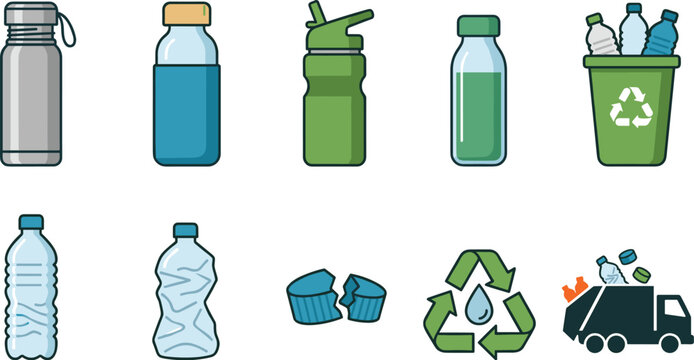Water bottle recycling and sustainability vector icon set featuring reusable flasks plastic bottles recycling bin garbage truck and eco symbols