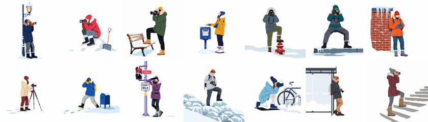 Collection of vector illustrations featuring diverse photographers in winter apparel capturing scenes across various snowy outdoor environments. © Sabrina