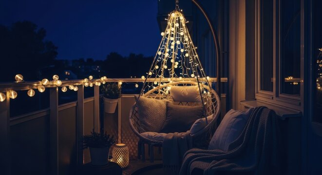 Cozy Balcony Escape Adorned With Twinkling Fairy Lights At Dusk