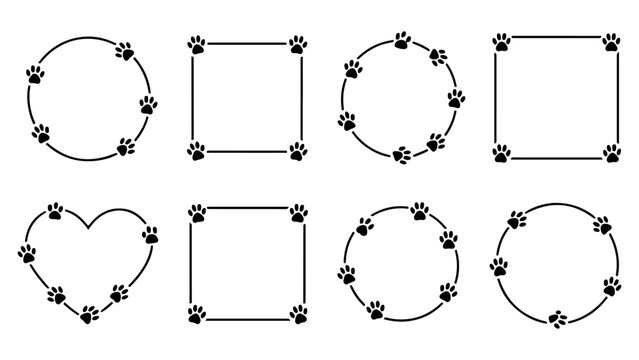 Animal paw print frames and pet track borders for veterinarian clinic and animal shelter.