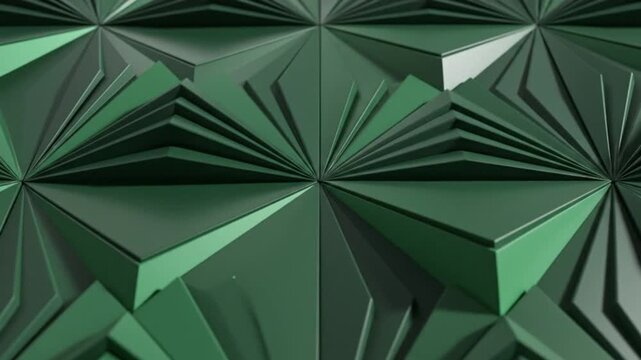 Abstract geometric 3D rendering of layered origami paper pattern in shades of green with subtle light and shadow play