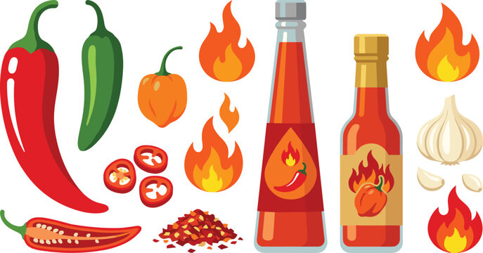 Hot chili sauce vector illustration kit featuring red and green peppers habanero whole and cut chili slices spicy glass condiment bottles garlic and fire flames isolated on white background