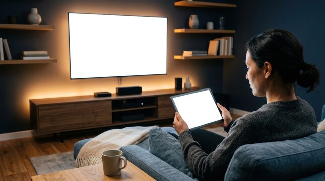 A cozy, modern home media room with ambient warm LED backlighting. A person is holding a tablet that. In the background, a large TV screen is also completely blank and screen mockup