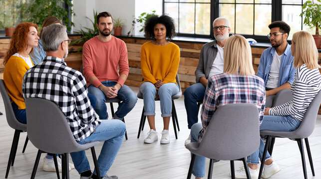 Rear view of diverse support group sitting in a circle in a bright warm therapy room sharing conversation with neutral mood and natural daylight
