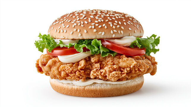 Crispy Chicken Burger Isolated on White Background