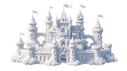 Intricate white snow castle with flags and towers png isolated on transparent background © PNG Studio 99