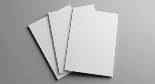 Three blank white brochure or magazine covers mockup set featuring a clean paper stack isolated on a soft gray background for branding design presentation