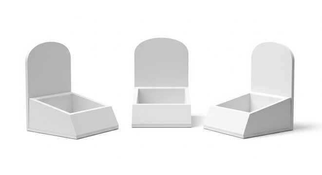Three blank white countertop retail display stands shown from different angles for point of purchase product merchandising