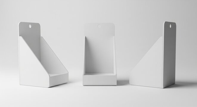 Three blank white retail point of purchase display stands mockup showing front and side perspectives for product branding and marketing