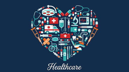 Fototapeta premium Medical Heart Composition with Healthcare Icons on Dark Blue Background