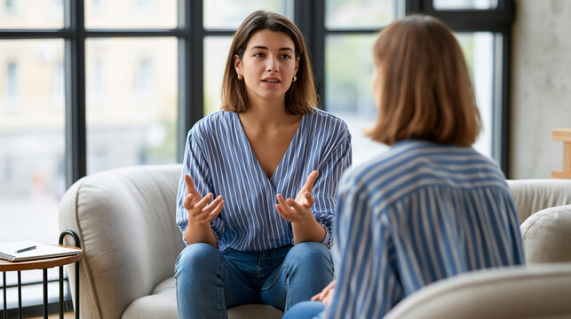 Faceless woman in a calm office speaks with a therapist during counseling, over shoulder view in soft neutral armchairs with natural daylight and a notebook