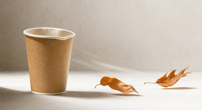 Disposable paper cup with deformed rim and dried autumn leaves in soft breeze, bright studio