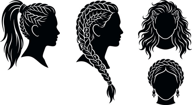 Modern Viking and Nordic Woman Silhouette Collection with Braided Ponytails Hair Runes Crown Braids and Wavy Hair Cuts for Fantasy Warrior Graphic Designs