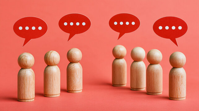 Minimalist flat communication scene with wooden peg figures facing each other, speech bubbles, active listening mood on coral background