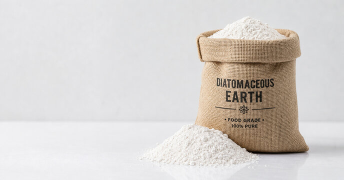 Burlap sack of diatomaceous earth with spilled powder on sweep, ecommerce banner concept