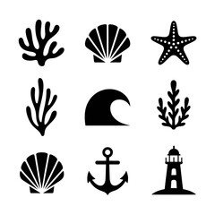 Set of marine and coastal icons for travel and nature themes. Illustration of sea life symbols including coral, shell, starfish, wave, anchor, and... © mohammad