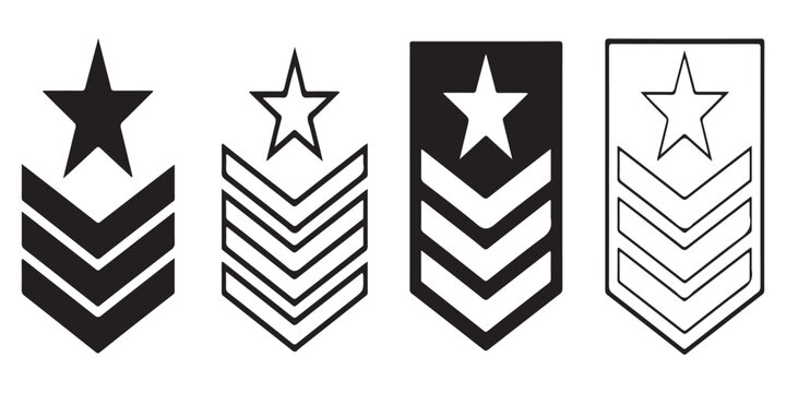 Set of military rank insignia badges with stars and chevron designs isolated on white background for uniform and equipment branding.