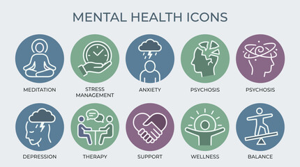 Fototapeta premium Mental health icon set for therapy and wellness.