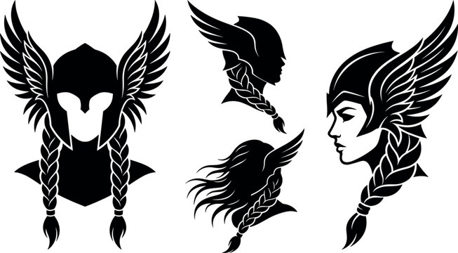 Mythological Valkyrie Viking Woman Warrior Silhouette Collection with Winged Helmets and Braided Hair for Norse Fantasy and Ancient Nordic Fighter Graphic Designs