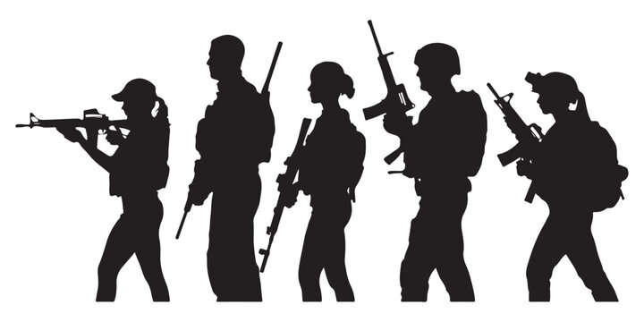Soldier silhouettes set featuring male and female infantry personnel holding assault rifles in various tactical standing positions on white.