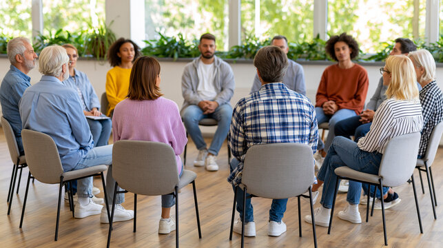 Diverse group seated in circle of chairs in bright community room with plants and soft daylight