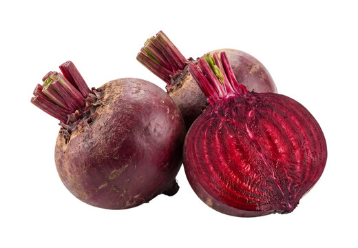 Two red beets with stems, isolated on transparent background