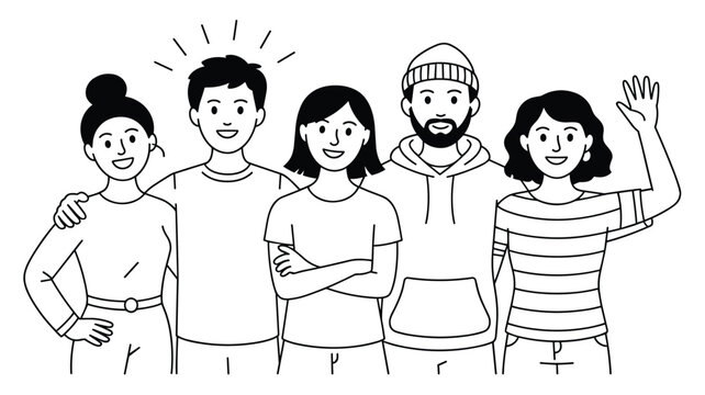 Diverse group of friends posing for a photo with a friendly wave