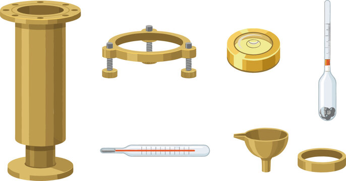 Petroleum Testing Equipment and Oil Analysis Tools Set Featuring Marsh Funnel, Viscometer Cylinder, Hydrometer, Glass Thermometer, and Brass Lab Rings Vector Illustration