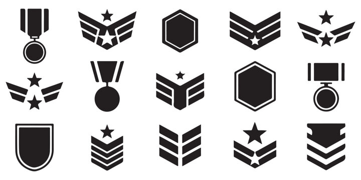 Military rank insignia collection featuring black silhouette icons for army navy air force and marine corps chevron symbols for soldiers.