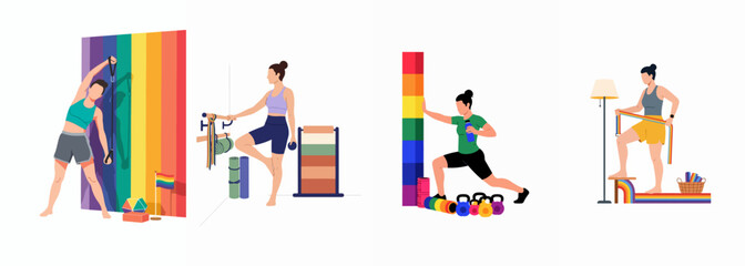 Fototapeta premium Flat vector illustrations of diverse women exercising in various fitness settings featuring vibrant LGBTQ+ pride rainbow-colored equipment and decorations.