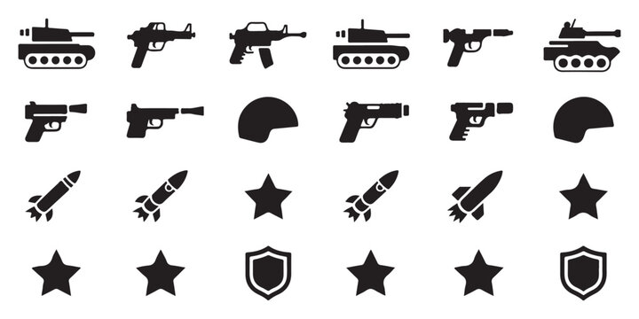 Collection of military and weapon icons tanks guns helmets rockets stars and shields on white background graphic elements.