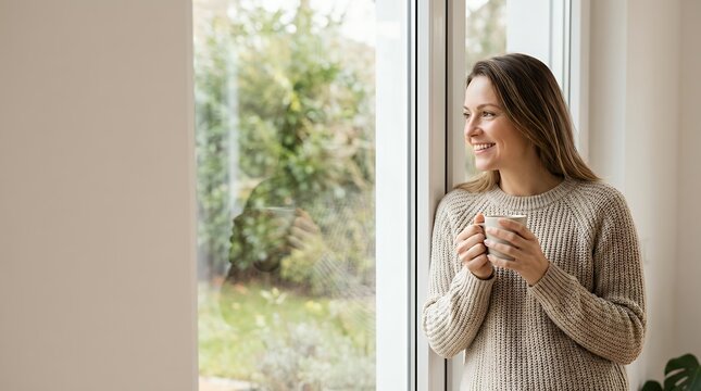 A happy woman looking through a window at home representing lifestyle and peaceful moment happy woman looking window at home lifestyle concept nobody else copy space window view natural light