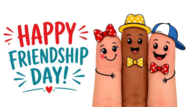 Group of Hands Celebrating Friendship Day with Smiley Faces and Party Hats Illustration