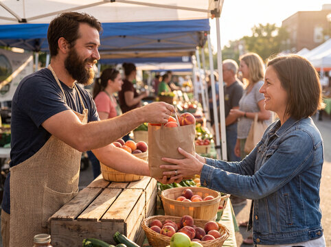 Smiling vendor handing paper bag of peaches to customer at sunny farmers market
