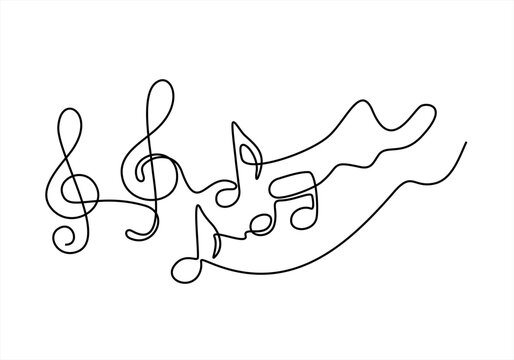 Continuous one line drawing of a treble clef and musical notes for arts and audio design. Hand drawn one line vector. Editable stroke.